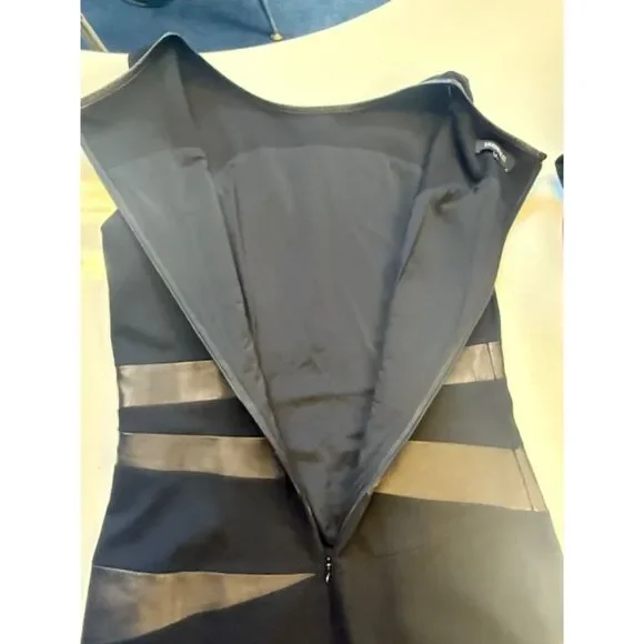 Lafayette 148 NY Black Sheath Dress Real Leather Stripe Detail Size 8 Cocktail - Picture 8 of 9
